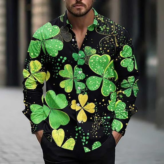 Jinhomg Mens St. Patrick's Day Shirts Funny Cute Shamrock Graphic Holiday Shirt Regular Fit Long Sleeve Button Down Shirts Party Tops Today's Deals Multicolor M
