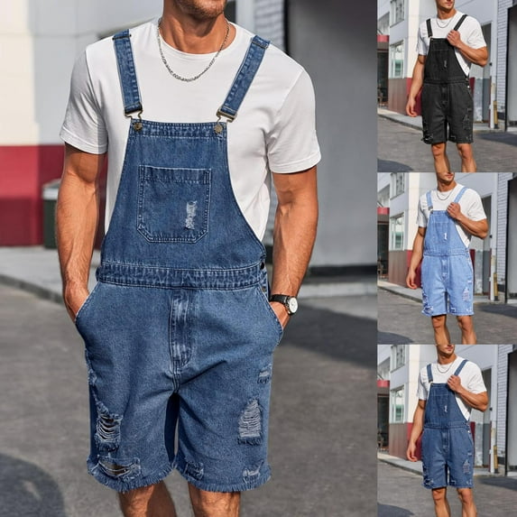 Jinhomg Mens Summer Bib Overalls Loose Fit Adjustable Straps Denim Jumpsuit 2025 Fashion Washed Ripped Distressed Jean Workwear with Pockets Blue S
