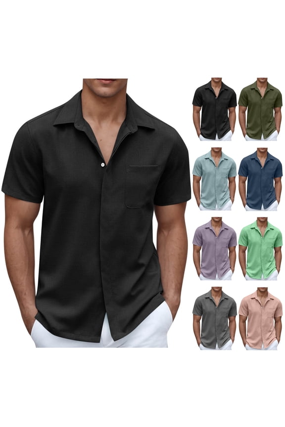 Mens Summer Dress Shirts Casual Comfy Hidden Button Work Tops Plain Solid Short Sleeve Business Office Shirt with Pocket Black S