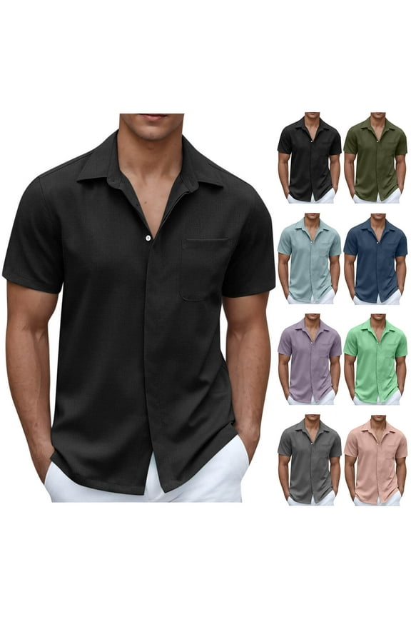 Mens Summer Dress Shirts Casual Comfy Hidden Button Work Tops Plain Solid Short Sleeve Business Office Shirt with Pocket Green XXL