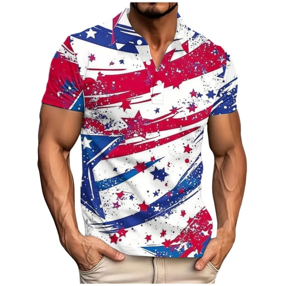 Jinhomg Mens Summer Graphic Shirts Patriotic4Th of July American Flag Tees Casual Comfy Short Sleeve Button Up Polos Shirt Big And Tall Independence Day Party Tops Blue XXXL
