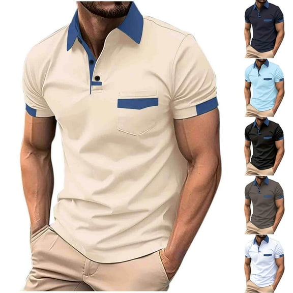 Jinhomg Mens Summer Polos Shirts 2025 Fashion Color Block Golf Shirt Lightweight Breathable Short Sleeve Button Lapel Office Work Tops Sales Today Clearance Men Beige XXL