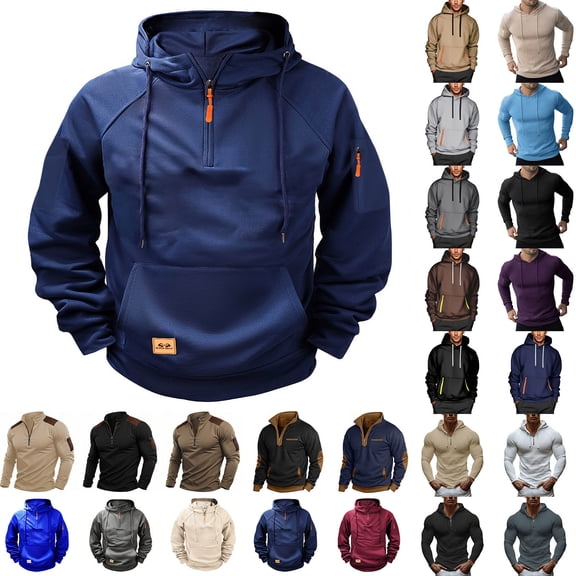 Jinhomg Mens Sweatshirts No Hood Waffle Knited Long Sleeve Patchwork Lightweight Pullover Tops Heavyweight Zip Collar Sweatshirt Black,S