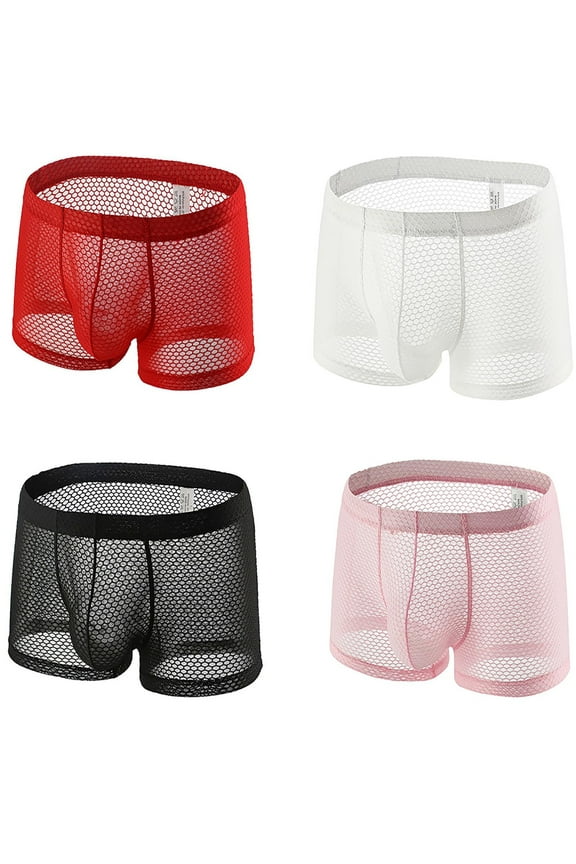 Mens Thin Mesh Boxers Breathable Comfy Hollow Out Underwear Lightweight See-Through Boxer Briefs with Bulge Pouch Red M