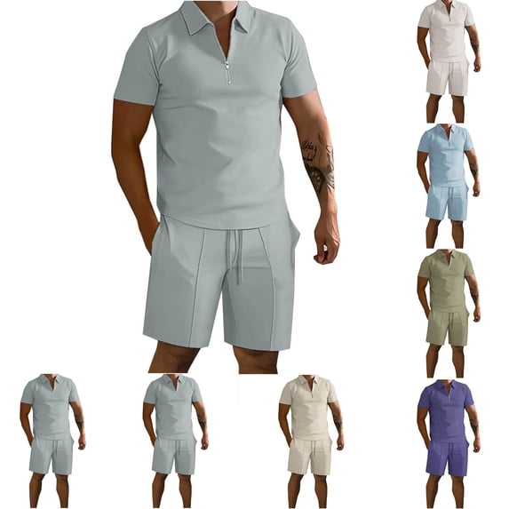 Jinhomg Mens Thin Summer Outfits 2 Piece Casual Solid Tracksuits Lightweight Comfy Short Sleeve Quarter Zip Tops with Elastic Drawstring Waist Shorts Gray XXL