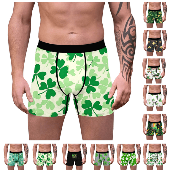 Jinhomg Mens Underwear Cute Shamrock Printed Boxer Briefs 2026 Fashion Green Dwarf Shorts Mid Waist Breathable Quick-Dry Green,XL