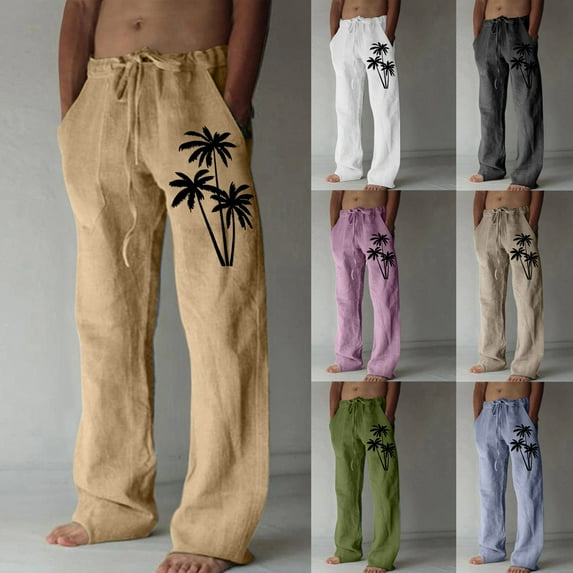 Jinhomg Mens Vacation Beach Pants Trendy Tropical Palms Tree Print Pants Breathable Comfy Cotton Linen Elastic Drawstring Waist Trousers Spring Saving L