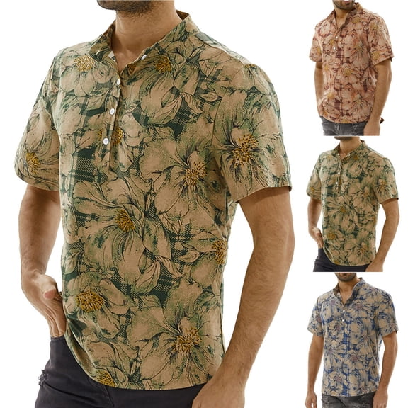 Jinhomg Mens Vacation Shirts Vintage Style Print Cotton Tops Lightweight Comfy Short Sleeve Button Up Casual Tees Summer Beach Wear Limited Time Deal Blue L