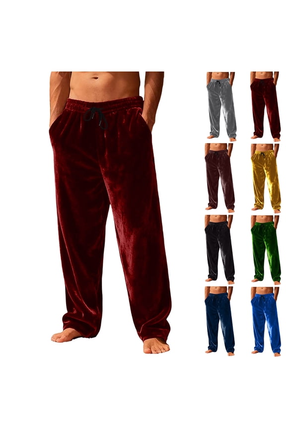 Mens Velvet Pants Drawstring Wide Leg Casual Lounge Pant Winter Plush Warm Pajama Pants Soft Flannel Cotton Comfy Pj Bottoms for Men Gold,XXL