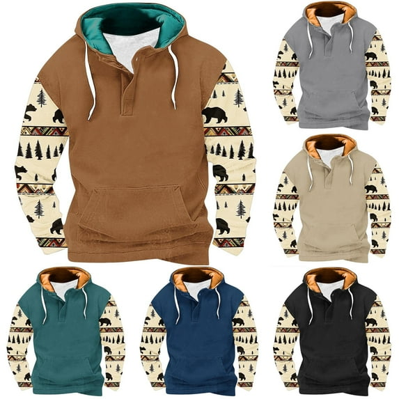 Jinhomg Mens Vintage Pullover Hoodie Dressy Casual Western Cowboy Hooded Sweatshirt Thermal Comfy Fleece Lined Long Sleeve Tops with Pocket Summer Saving Gray XXL