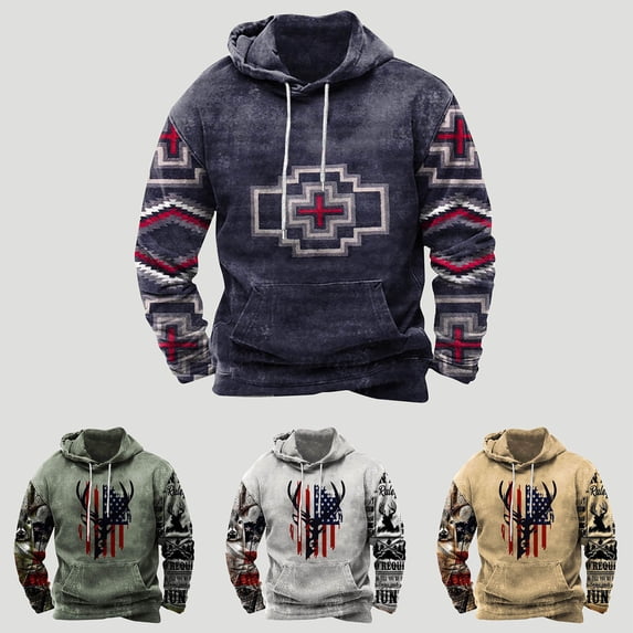Jinhomg Mens Western Aztec Sweatshirts Vintage Ethnic Style Print Cowboy Hoodies Big and Tall Comfy Long Sleeve Drawstring Hooded Pullover with Pockets Sales Today Today Green XXXL