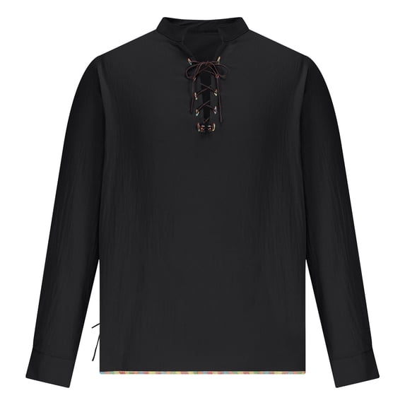 Jinhomg Mens Western Shirts Long Sleeve Vintage Lace Up Tee Blouse Retro Stand Up Collar Shirt for Viking Pirate Hippie Costume Black,XL