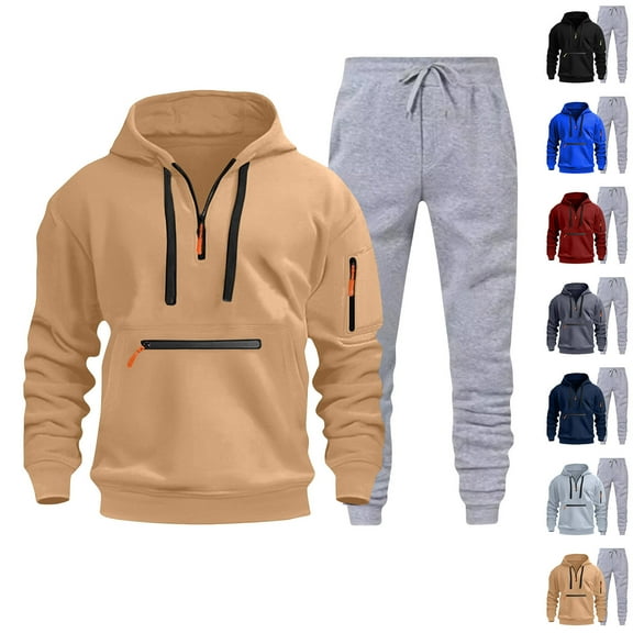 Jinhomg Mens Workout Outfits 2 Piece Casual Solid Tracksuits Comfy Long Sleeve Multi Pockets Cargo Hoodies with Elastic Drawstring Waist Joggers Today's 90 off Clearance Sale Dark Blue L