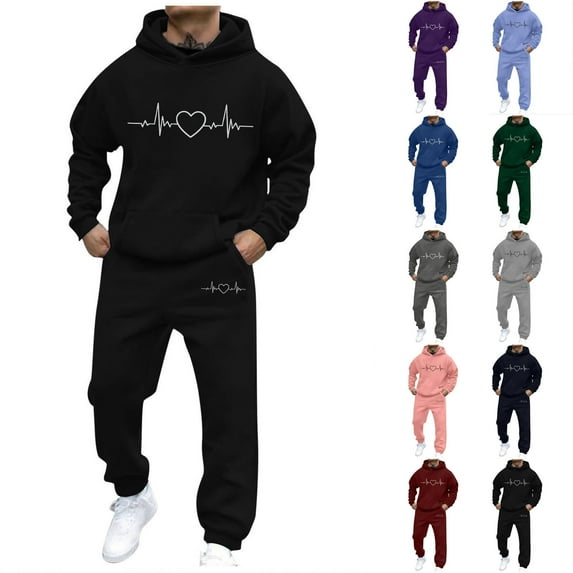 Jinhomg Mens Workout Set 2 Piece Valentine's Day Themed Sweatsuits Casual Heart Graphic Hooded Sweatshirt with Elastic Waist Sweatpants Deal of The Day Prime Today Army Green XXXL