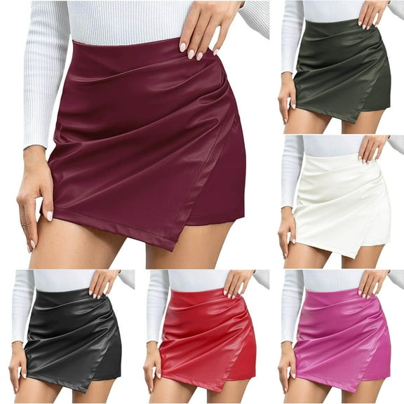 Jinhomg Mini Skirts with Shorts for Women High Waisted Faux Leather Skorts Plain Solid Ruched Wrap Skirt Ladies 2025 Club Night Out Wear Black XXL
