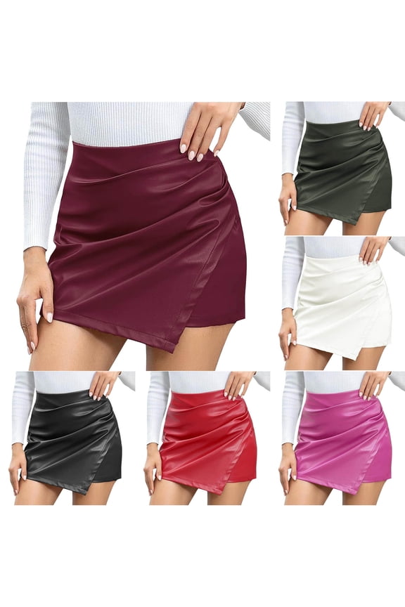 Mini Skirts with Shorts for Women High Waisted Faux Leather Skorts Plain Solid Ruched Wrap Skirt Ladies 2025 Club Night Out Wear Pink XXL