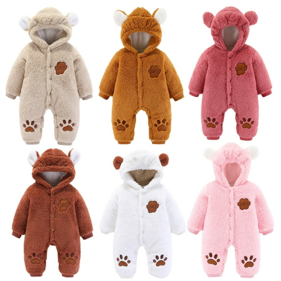 Jinhomg Newborn Baby Bear Onesies Fuzzy Cozy Sherpa Fleece Bodysuit Fall Winter Casual Letter Printed Long Sleeve Footed Rompers Prime Day 2024 White 6-9 Months