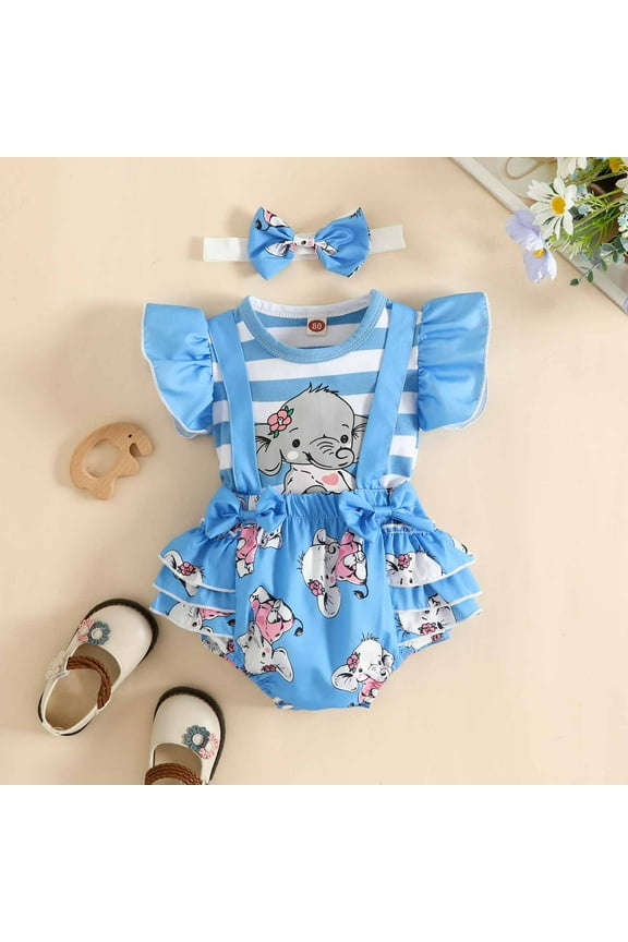 Newborn Baby Girl Clothes Infant 3 Piece Comfy Cotton Outfits Short Ruffle Sleeve Tops and Cute Elepant Print Jumpsuit with Headband Limited Time Sky Blue 6-9 Months