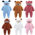 thumbnail image 1 of Jinhomg Newborn Baby Jumpsuits Cute Bear Ear Hooded Onesies Toddler Soft Cozy Button Up Fleece Footed Romper Infant Winter Warm Outfits Coffee 3-6 Months, 1 of 5