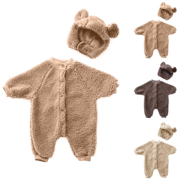 Jinhomg Newborn Baby Winter Outfits 2 Piece Warm Cotton Set Infant Soft Cozy Fleece Long Sleeve Button Down Rompers with Cute Bear Ear Hood Khaki 3 Months