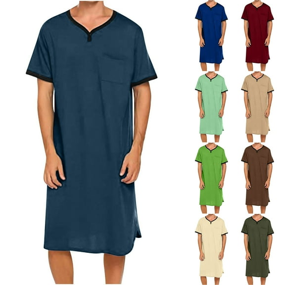Jinhomg Nightshirt for Men Casual Loose Short Sleeve V Neck Nightgown Big and Tall Comfy Henley Sleep Gowns Summer Pajama Shirt Loungewear with Pocket Khaki XXXL