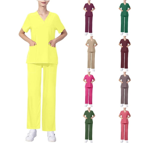 Jinhomg Nurse Uniforms for Women 2 Piece Solid Summer Scrubs Sets Stretchy V-Neck Top and Pants with Pockets Casual Nursing Workwear Outfits 2025 Saving Army Green XXL