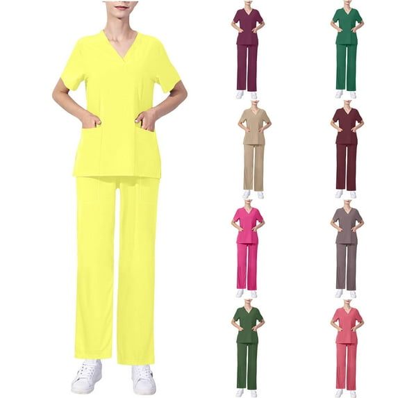 Jinhomg Nurse Uniforms for Women 2 Piece Solid Summer Scrubs Sets Stretchy V-Neck Top and Pants with Pockets Casual Nursing Workwear Outfits Sales Today Clearance Women Yellow S