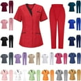 thumbnail image 1 of Jinhomg Nurse Working Uniform, Womens 2 Piece Stretchy Medical Scrubs Plus Size Comfy Short Sleeve V-Neck Tunic Tops and Elastic Waist Joggers with Pockets 2025 Saving Pink L, 1 of 3