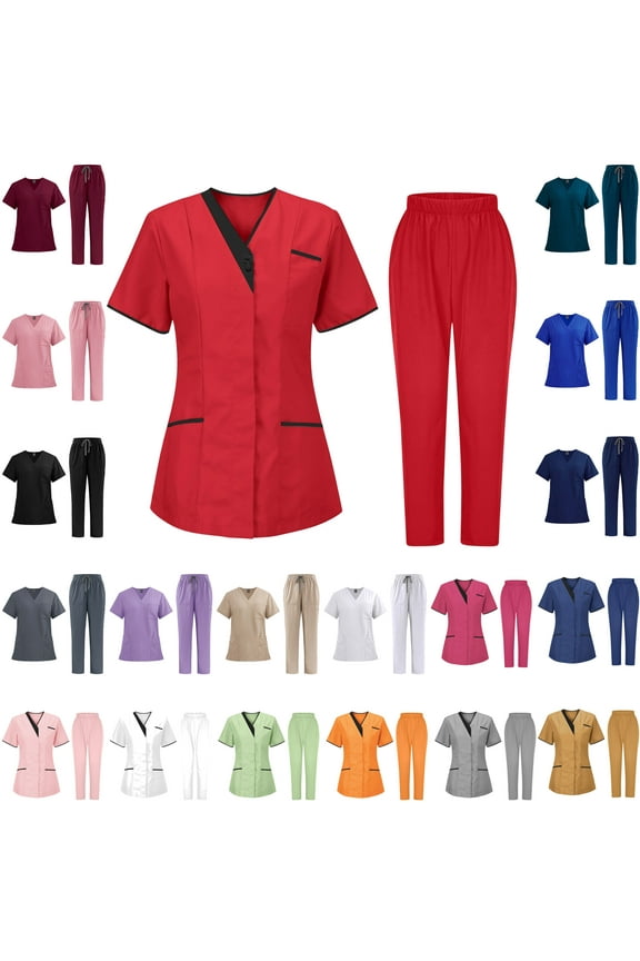 Nurse Working Uniform, Womens 2 Piece Stretchy Medical Scrubs Plus Size Comfy Short Sleeve V-Neck Tunic Tops and Elastic Waist Joggers with Pockets 2025 Saving Pink L