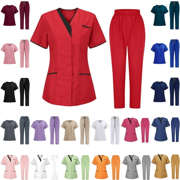 Jinhomg Nursing Scrub Sets for Women 2025 Trendy Housekeeping Uniforms Blouses with Elastic Waisted Pants 2 Piece Summer Casual Workwear Seasonal Sale Pink S