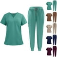thumbnail image 1 of Jinhomg Nursing Uniforms Scrubs Sets for Women Plain Solid V-Neck Tunic Tops with Drawstring Waist Jogger Pants 2 Piece Casual Everyday Workwear Green L, 1 of 3