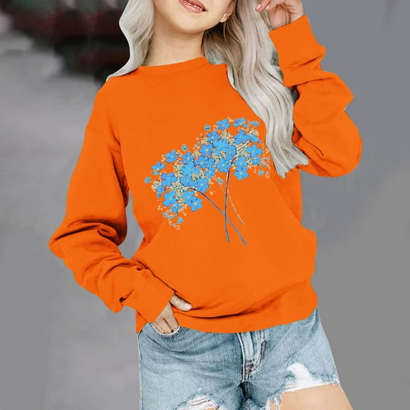 Jinhomg Orange Sweatshirt for Kids Cute Floral Printed Pullover Top Boys Girl Comfy Long Sleeve Holiday Tshirt Summer Saving Orange 2 Years