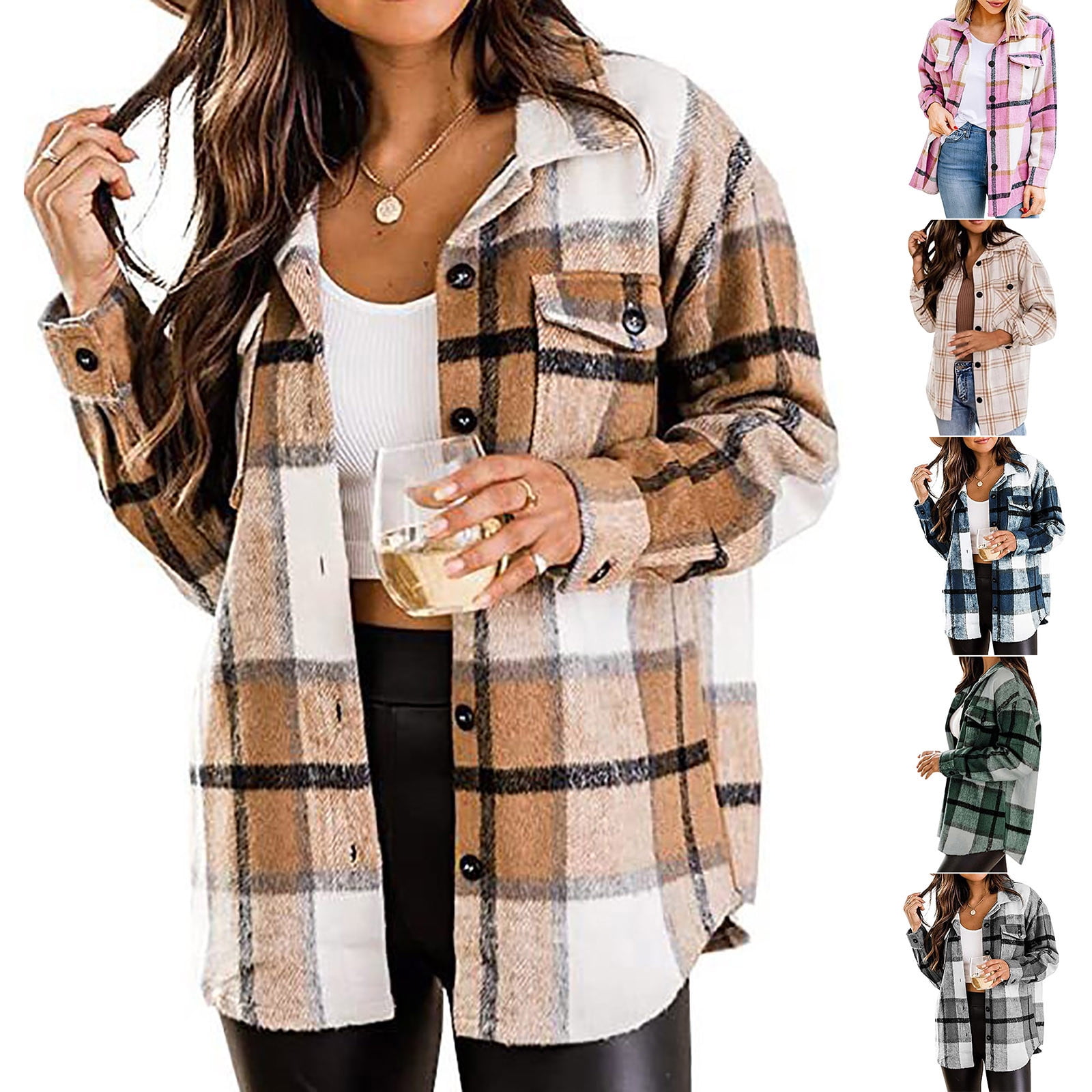 Jinhomg Oversized Flannel Plaid Coat for Women Casual Loose Long Sleeve ...
