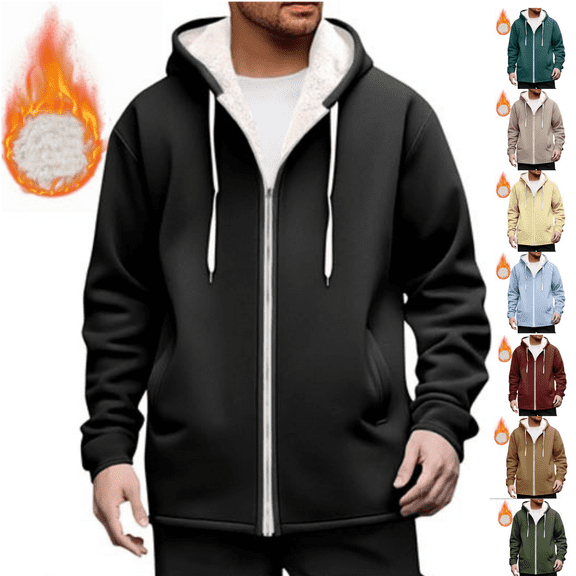 Jinhomg Oversized Fleece Lined Jackets for Men Zip Up Hooded Sweatshirt Winter Jacket Casual Drawstring Sherpa Hoodie Coats with Pockets