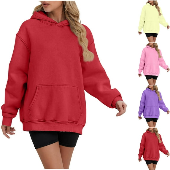 Jinhomg Oversized Hoodies for Women Dressy Casual Solid Sweatshirt Plus Size Comfy Long Sleeve Kangaroo Pocket Hooded Pullover Summer Saving Purple XS