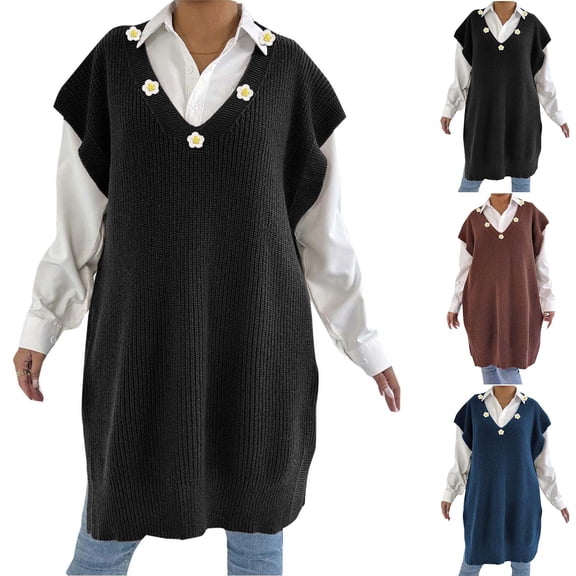 Jinhomg Oversized Sweater Vest for Women V Neck Sleeveless Mini Dresses Solid Casual Loose Pullover Sweaters Coffee Free Size