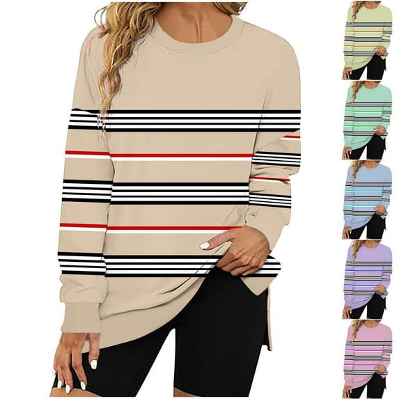 Jinhomg Oversized Sweatshirt for Women Trendy Long Sleeve Striped Printed Tee Shirt Casual Loose Fall Winter Warm Tops Purple L
