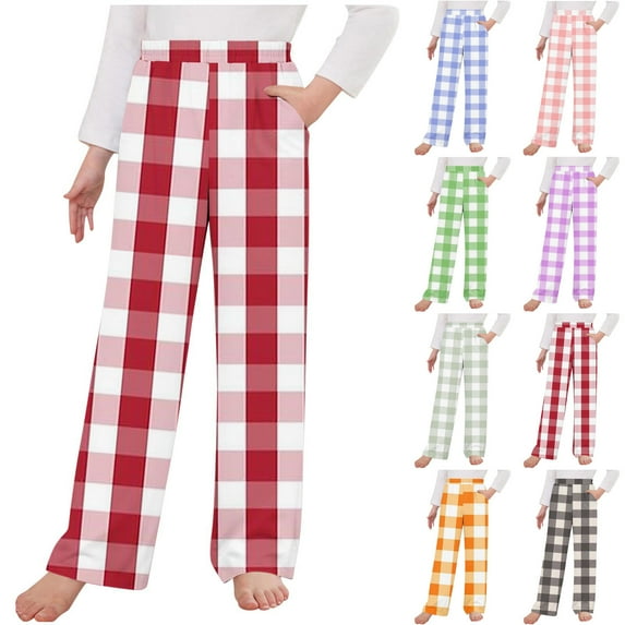 Jinhomg Pajama Pants for Girls Classic Plaid Print Straight Leg Nightwear Casual Comfort Full Length Elastic High Waist Home Wear 2025 Gray 4 Years