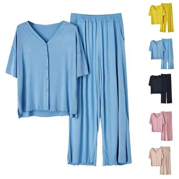 Jinhomg Pajamas for Women 2 Piece Pjs Lounge Sets Comfy Shorts Sleeve Button Down Solid Loungewear and Wide Leg Pants Fall Saving Pink Free Size