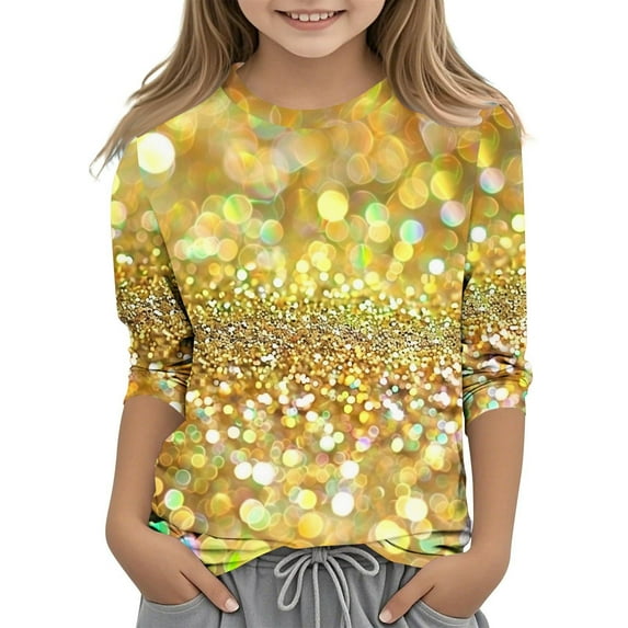 Jinhomg Party Shirts for Girls Novelty Glitter Sequin Print Casual Tops Slim Fit Comfy 3/4 Sleeve Round Neck Holiday Pullover Spring Summer Shirt Gold