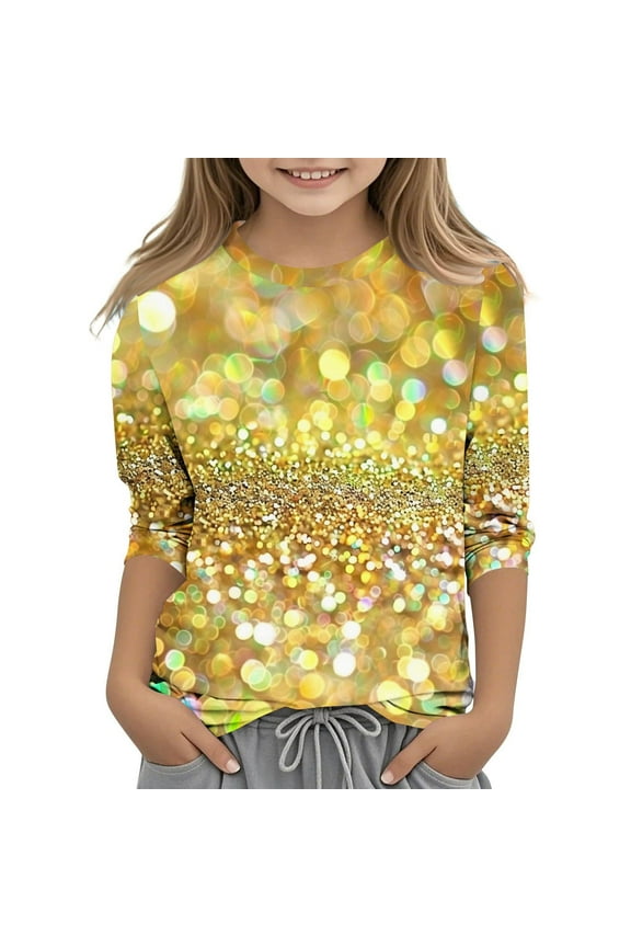 Party Shirts for Girls Novelty Glitter Sequin Print Casual Tops Slim Fit Comfy 3/4 Sleeve Round Neck Holiday Pullover Spring Summer Shirt Red