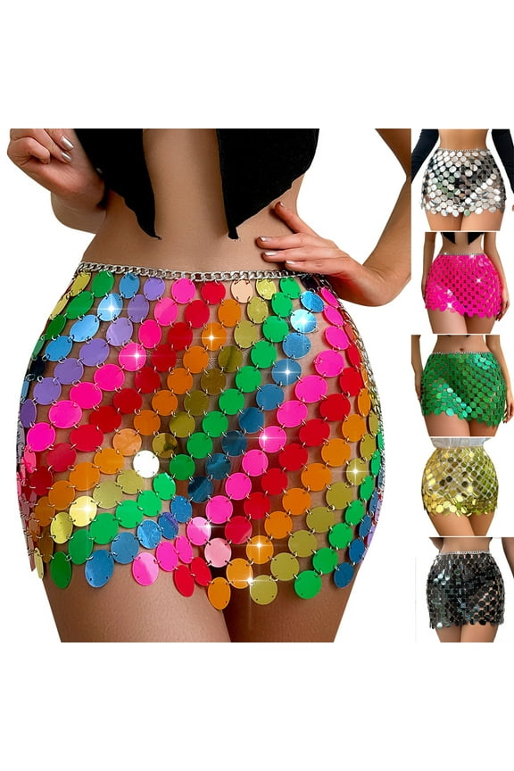 Party Skirt for Women Sparkly Rainbow Sequin Mini Skirts 2025 Trendy Sheer See Through Bodycon Skirt Shiny Club Night Out Skirts Multicolor Free Size