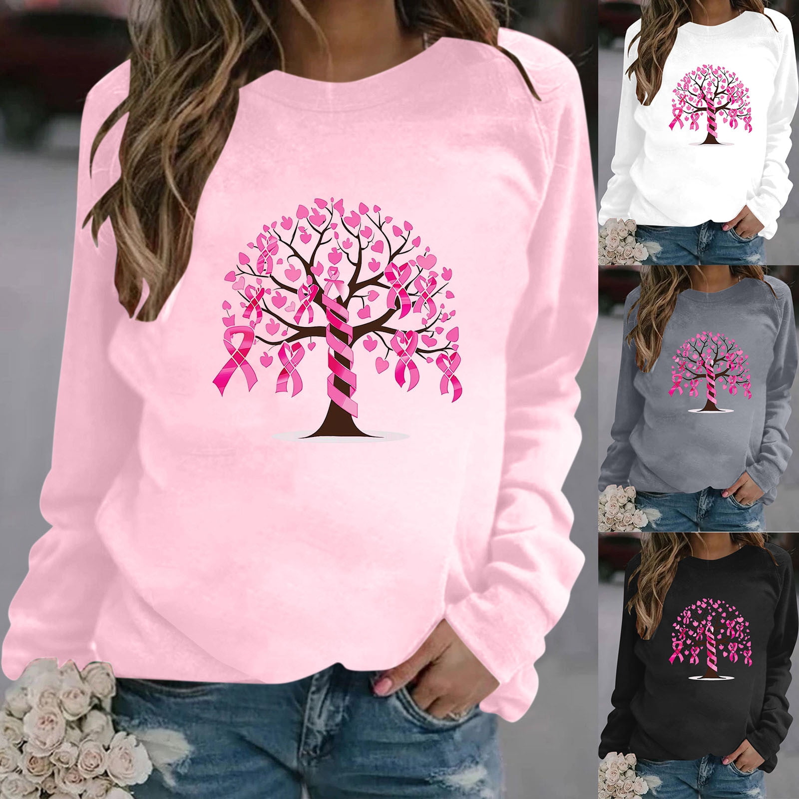 Jinhomg Pink Ribbon T Shirt for Women Trendy Pink Ribbon Tree Printed ...