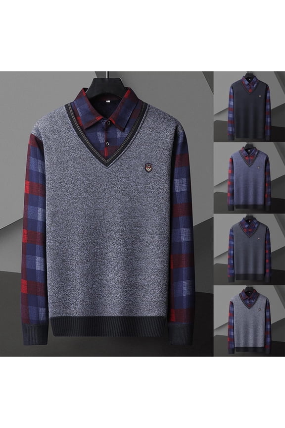 Plaid Button Shirt For Men Fake Two Piece Long Sleeve Blouses Fall Casual Knit Fleece Warm Pullover Shirts Blue,M