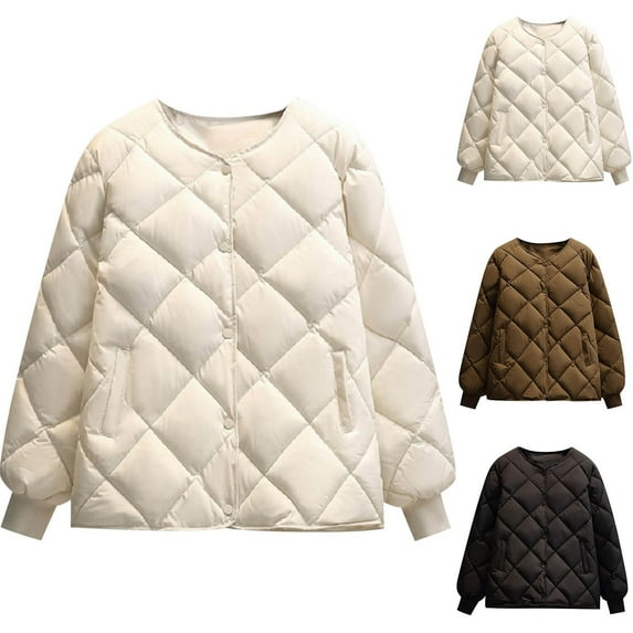 Jinhomg Plaid Puffer Jacket for Women Warm Cozy Button Down Crewneck Outerwear Lightweight Casual Solid Long Sleeve Padded Coats White XL