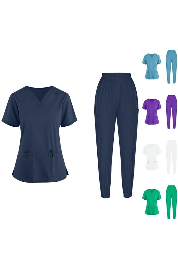 Plain Scrubs Set for Women Dressy Casual Short Sleeve V-Neck Tunics with Elastic Waist Pants Nurse Loose Fit Medical Working Uniforms White XXL