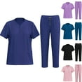 thumbnail image 1 of Jinhomg Plain Scrubs Set for Women Stretchy Comfy Short Sleeve V-Neck Nursing Top with Tapered Leg Drawstring Waist Pants 2 Piece Quick Dry Medical Scrubs Holiday Saving Purple M, 1 of 9