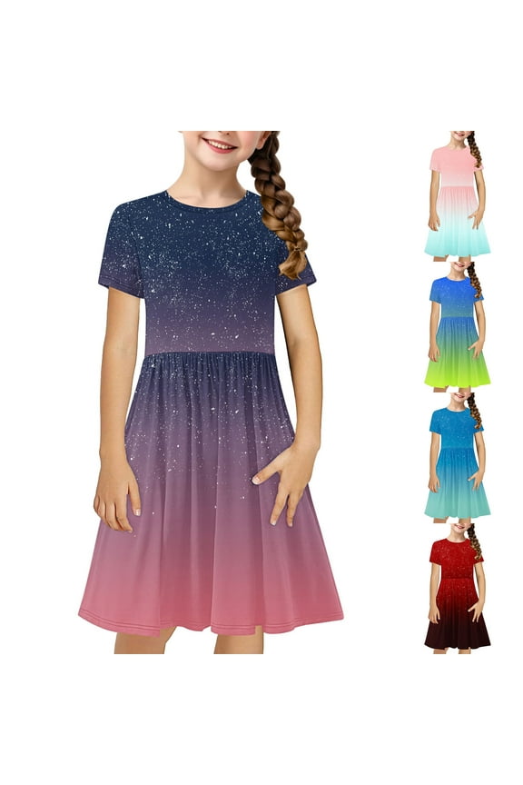 Pleated Dress for Little Girls 2025 Fashion Gradient Color Flowy Dresses Casual Comfy Short Sleeve Midi T-Shirt Dresses Spring Summer Clothes Seasonal Sale Blue 4 Years