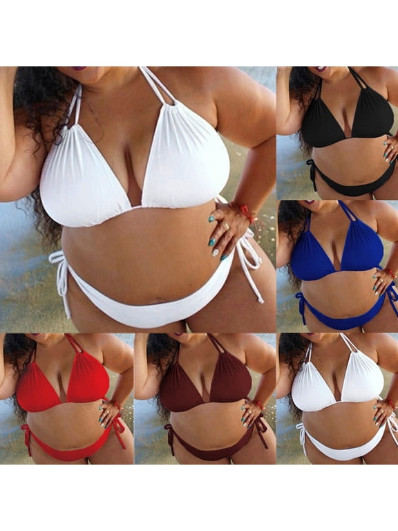 Plus Size Bikini Swimsuit for Women Basic Solid Color Halter String Triangle Bikini Tops with Tie Side Bottom 2 Piece Bathing Suit Sales Today Black S