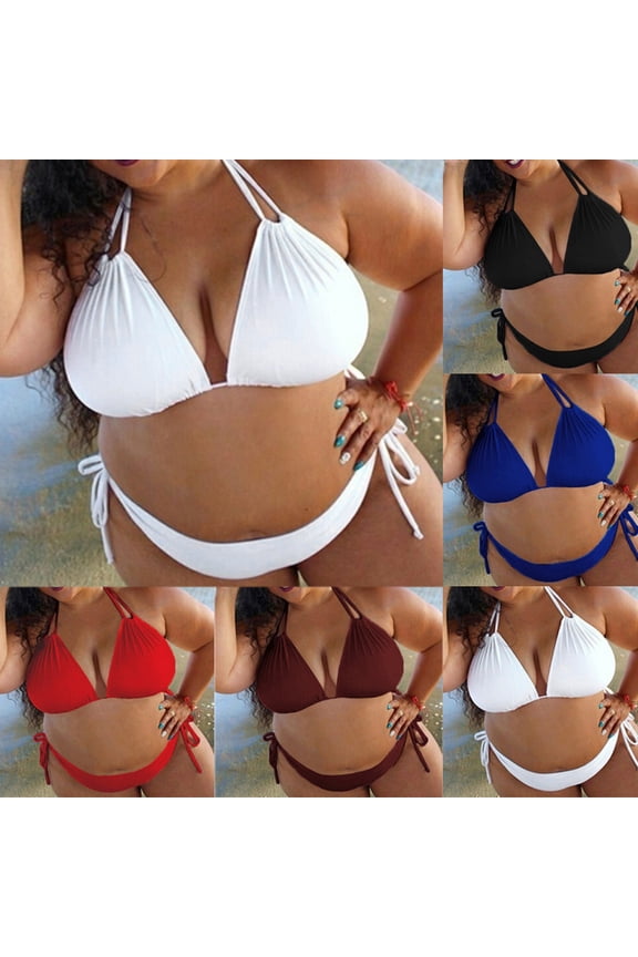 Plus Size Bikini Swimsuit for Women Basic Solid Color Halter String Triangle Bikini Tops with Tie Side Bottom 2 Piece Bathing Suit Seasonal Sale Black XXXXXL